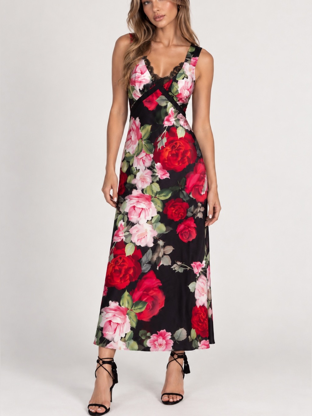 NWT JOHNNY WAS RED & BLACK FLORAL SILK BLEND 
SLIP MIDI DRESS